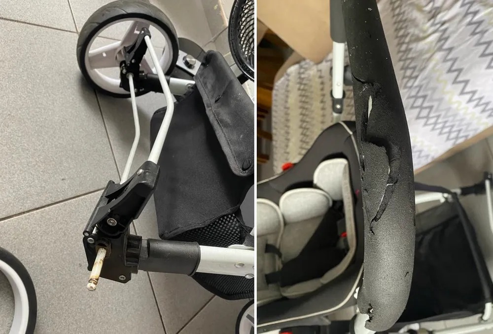 Moto destrói carrinho de bebê,atinge mãe e todos se salvam;moto voou,dizem