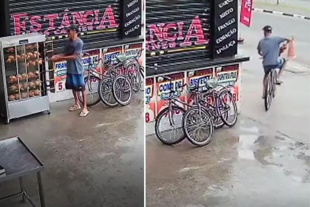 Em Guarujá,ladrão furta espeto de frango e foge em bicicleta calmamente