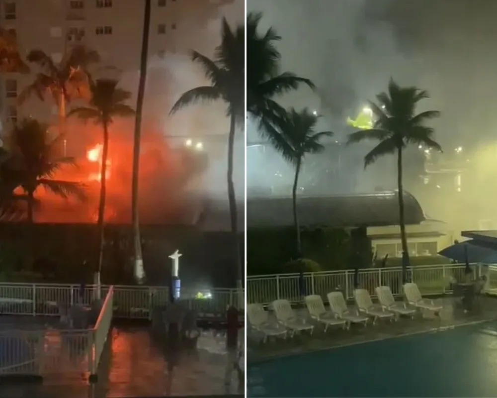 Incêndio atinge feira de artesanato em Guarujá;fumaça invadiu área da piscina