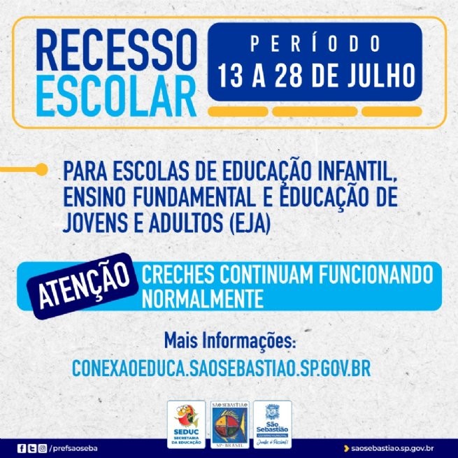 Escolas da rede municipal de São Sebastião entram em recesso a partir de 13 de julho