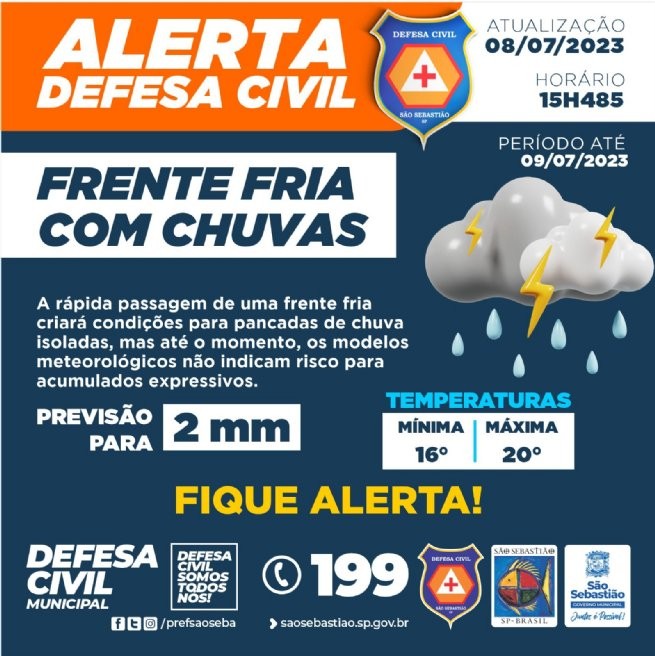 Defesa Civil de São Sebastião aponta frio e chuva a partir de domingo