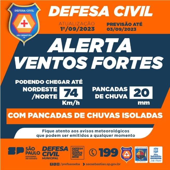 Defesa Civil alerta para ventos de até 74 km/h neste final de semana