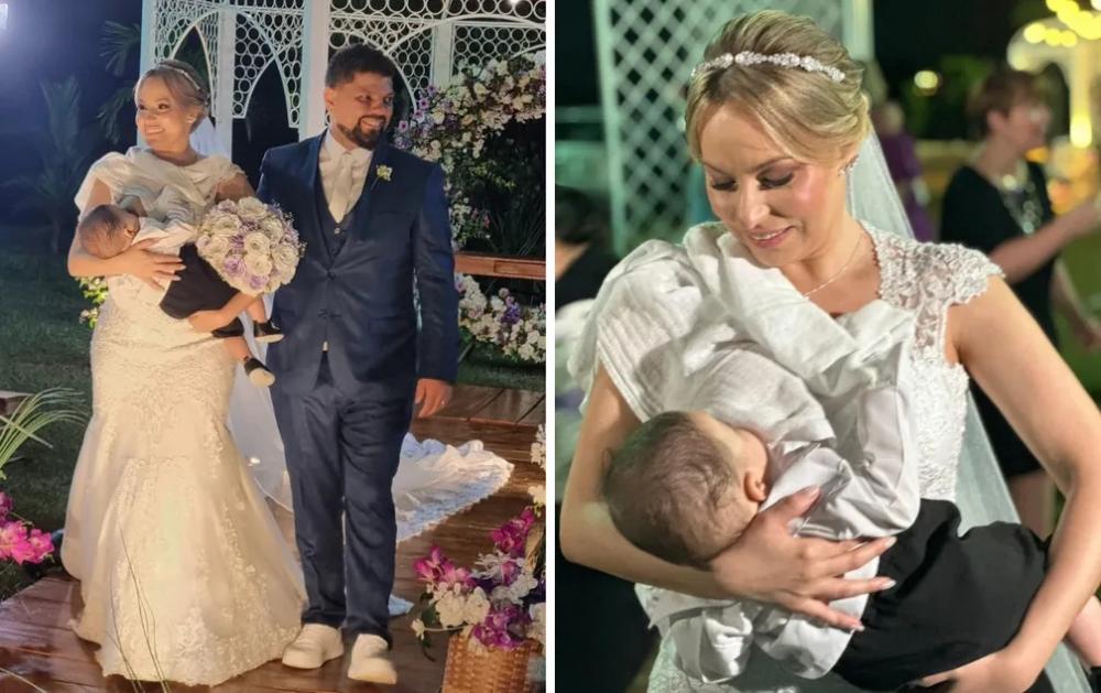 Bebê para o casamento da mãe e exige peito para mamar;criança viralizou na internet